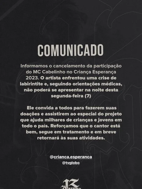 MC Cabelinho cancela apresentação no Criança Esperança por problema de saúde