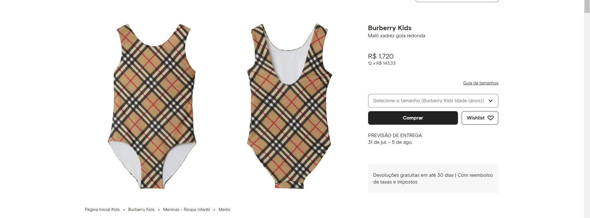 Maiô usado por Vicky, em Miami Reprodução/Farfetch