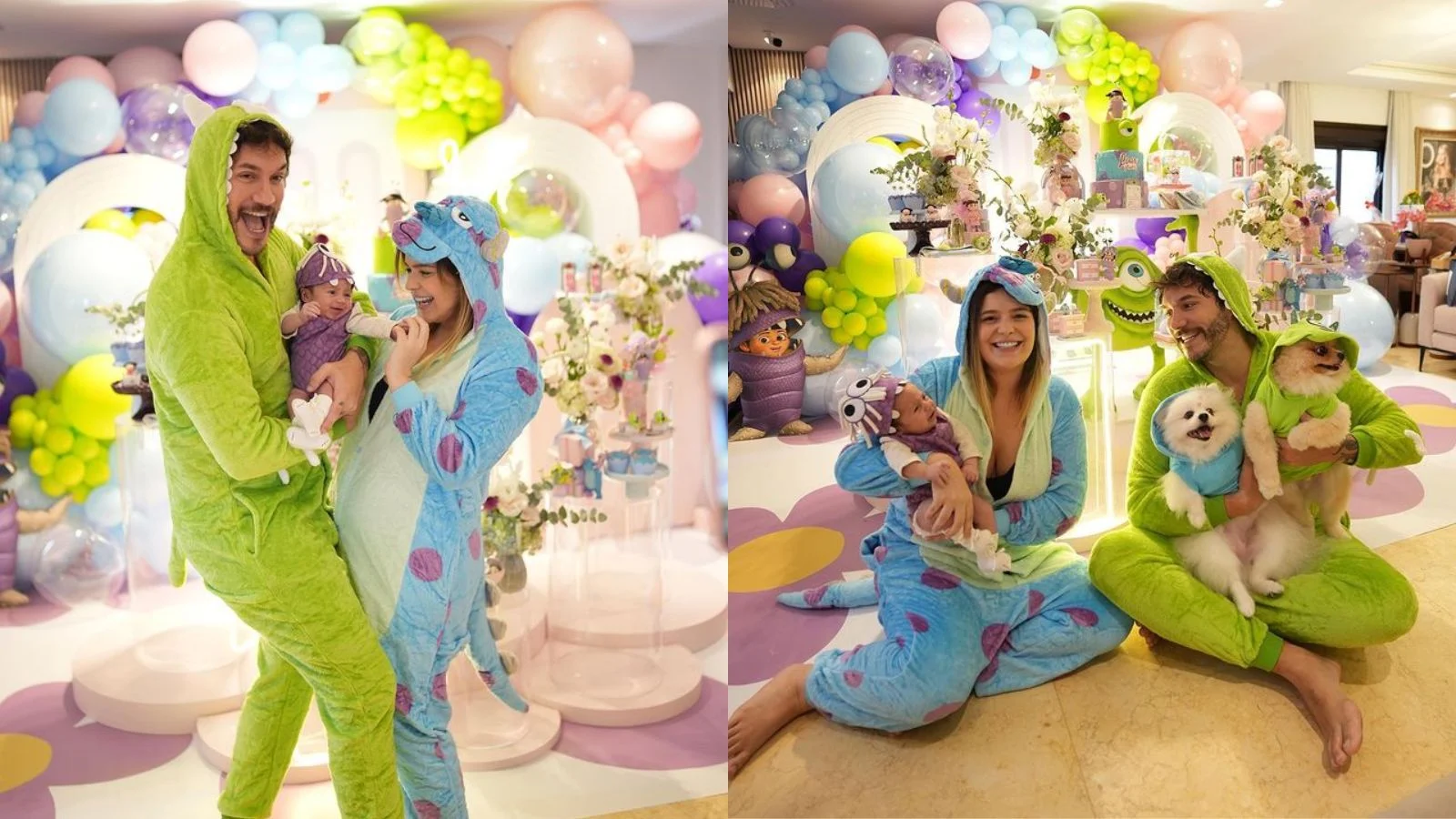 1º mês - A primeira celebração com a bebê recém-nascida foi temática do filme ‘Monstros S.A.’. O casal usou macacões para a caracterização como Mike Wazowski e James P. Sullivan, enquanto Lua usou um body e um chapéu para incorporar a personagem Boo.  Reprodução/Instagram - 09.04.2024
