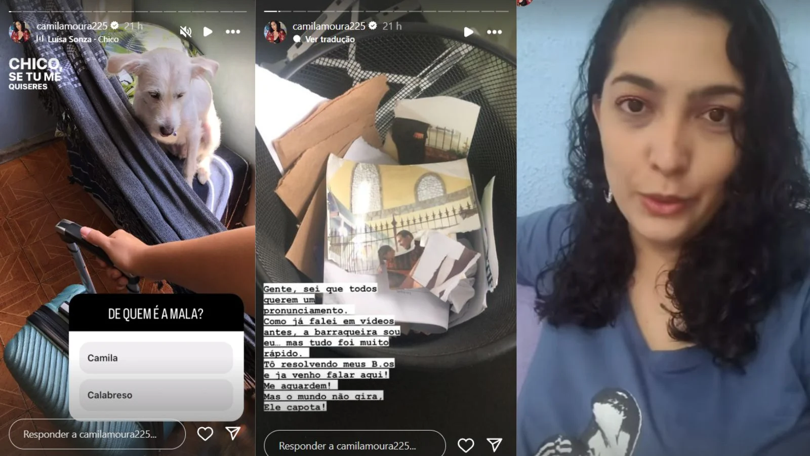 Após os acontecimentos na casa, Camila começou a dar indícios de que terminou o relacionamento de mais de 25 anos com Lucas. A professora publicou fotos rasgadas do casal e um vídeo de uma mala de viagem, sugerindo que colocaria os pertences do então marido no objeto.  Reprodução/Instagram - 04.03.2024