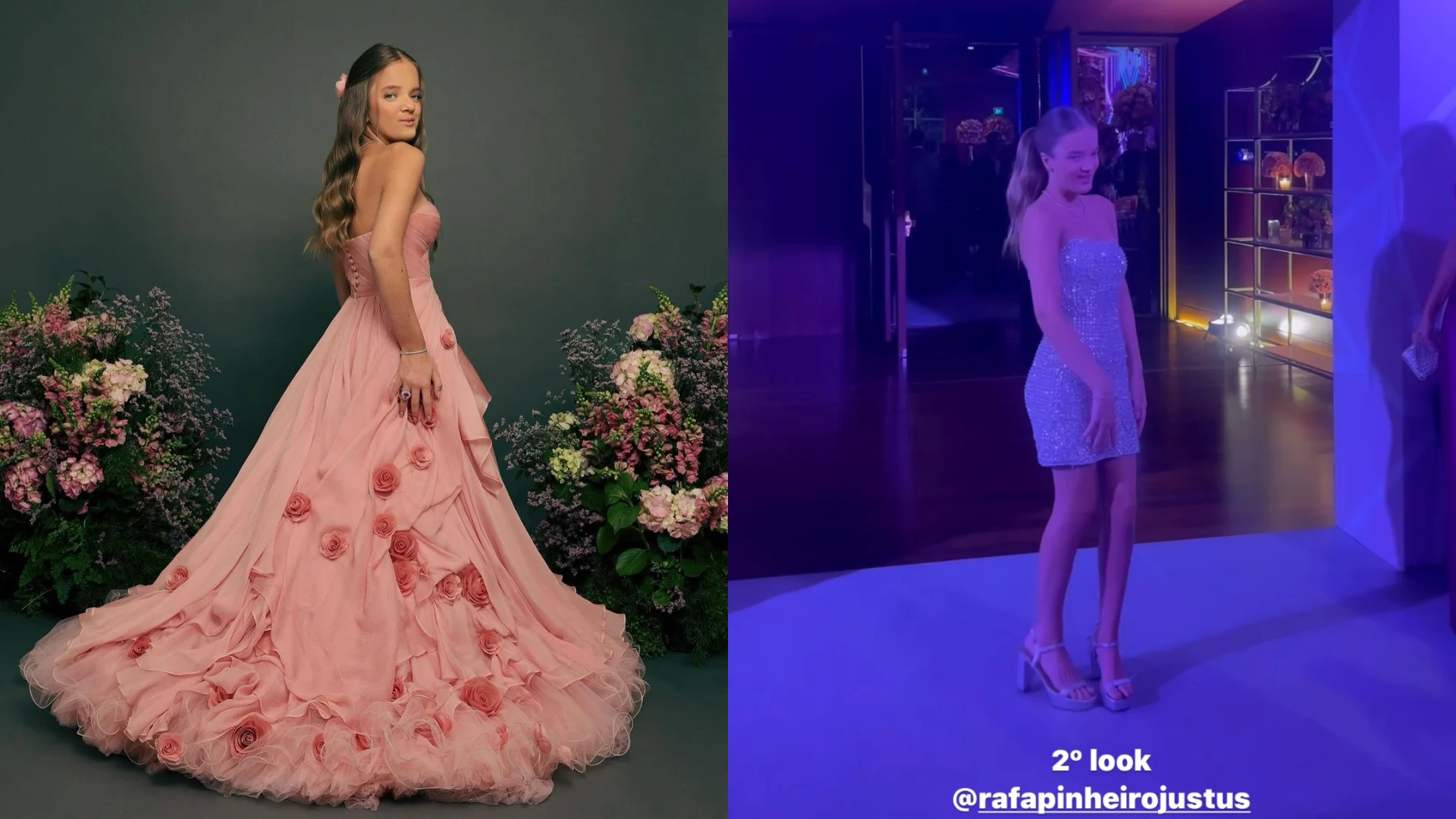 A aniversariante usou dois vestidos durante a festa. O primeiro, um vestido longo na cor rosa e com detalhes de flores em todo o caimento. Já o segundo, um vestido curtinho com pedras bordadas. Conradis/Reprodução/Instagram