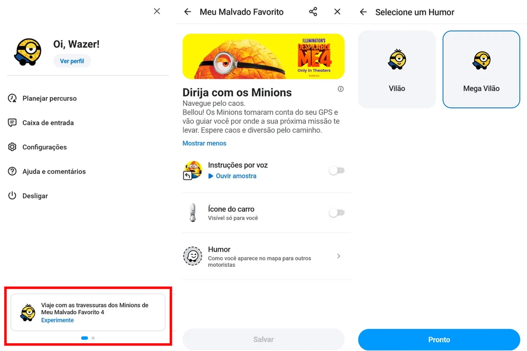 Você pode optar pela experiência com os Minions do filme Meu Malvado Favorito 4 no Waze (Imagem: Captura de tela/Guilherme Haas/Canaltech)