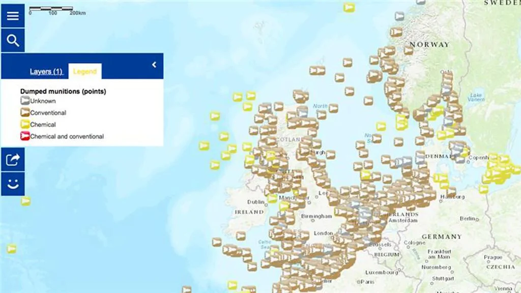 Levantamento da localização de munições na costa da Europa, tanto comuns quanto químicas (Imagem: Atlas Europeu dos Mares/EMODnet)