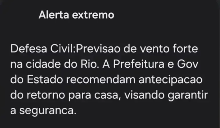 Defesa Civil/RJ Rio de Janeiro - 07/08/2026 - Defesa Civil alerta de ventos fortes. Fonte: Defesa Civil/RJ