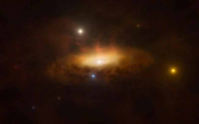 Impressão artística da galáxia SDSS1335 0728, na constelação de Virgem, no centro da qual um buraco negro supermassivo despertou, em uma foto divulgada em 18 de junho de 2024 pelo Observatório Europeu do Sul Impressão artística da galáxia SDSS1335 0728, na constelação de Virgem, no centro da qual um buraco negro supermassivo despertou, em uma foto divulgada em 18 de junho de 2024 pelo Observatório Europeu do Sul