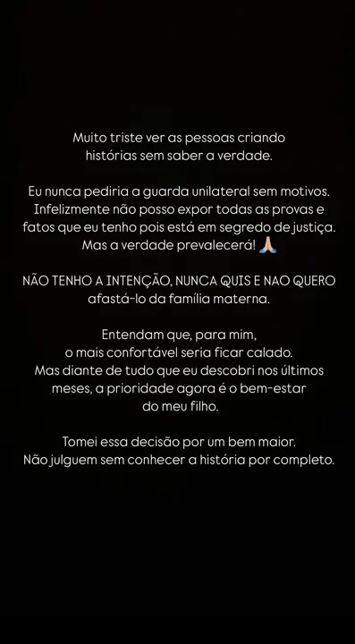 Declaração de Murilo Huff sobre o pedido de guarda unilateral. Foto: Reprodução: Instagram/@murilohuff