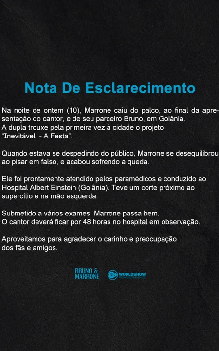 Nota de esclarecimento a respeito do estado de Marrone após acidente. Foto: Reprodução: Instagram/@oficialbrunoemarrone