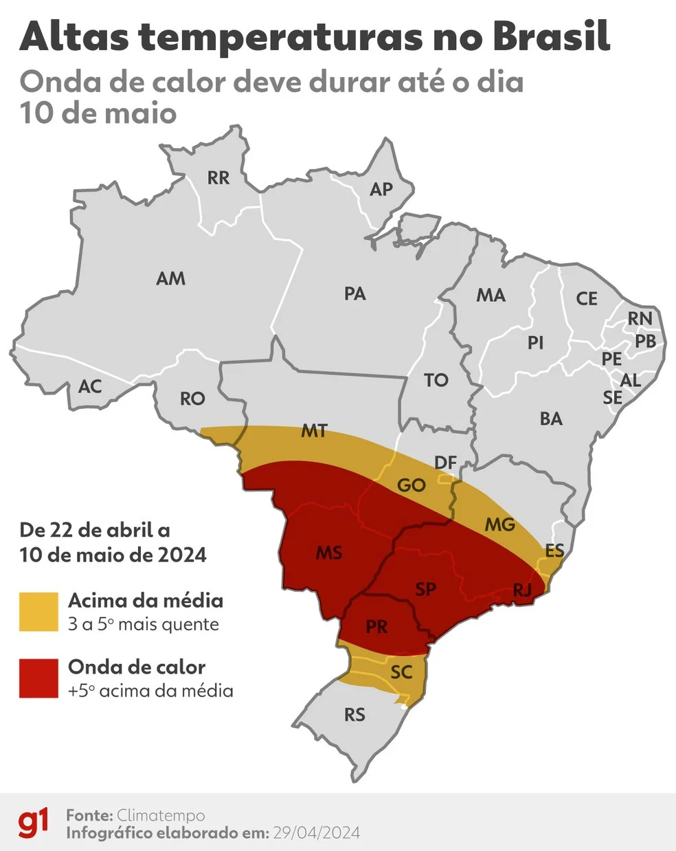 Onda de calor se estende e deve durar até segunda semana de maio Quarta onda de calor do ano deve se estender até o dia 10 de maio e atingir de forma mais intensa Centro-Sul do país — Foto: Arte g1/Kayan Albertin