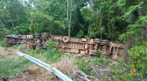 Após falha nos freios, caminhão boiadeiro tomba na Serra da Alegria em Rio Verde