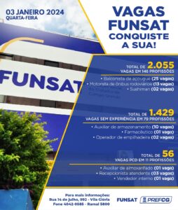 Funsat anuncia 2.055 vagas de emprego em 146 profissões nesta quarta-feira (3)
