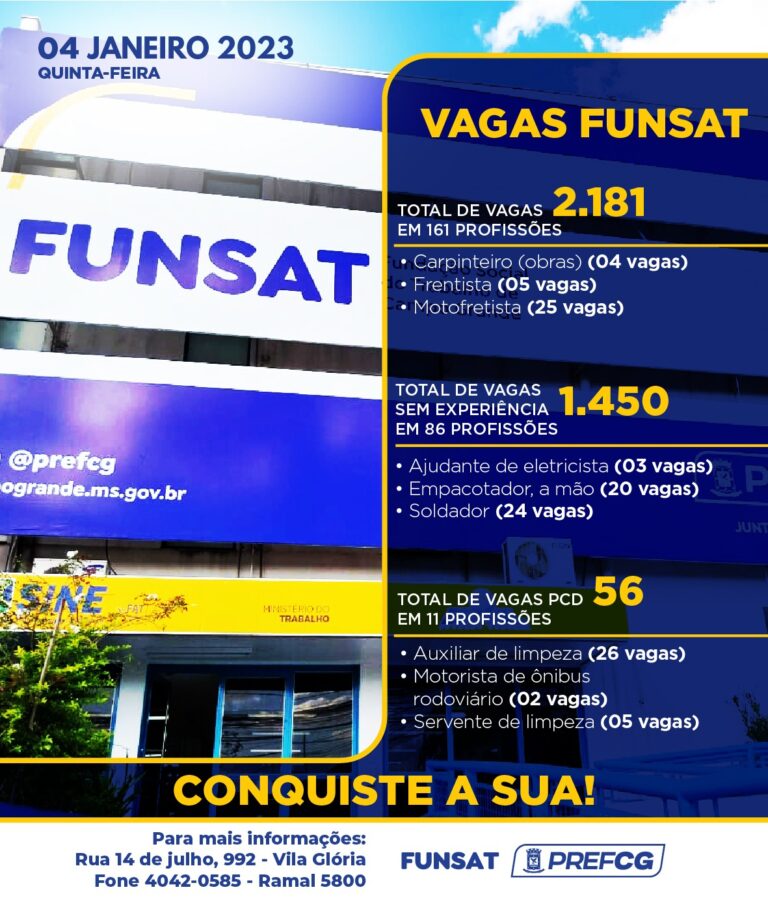 Funsat anuncia 2,1 mil vagas de emprego em 205 empresas nesta quinta-feira (4)