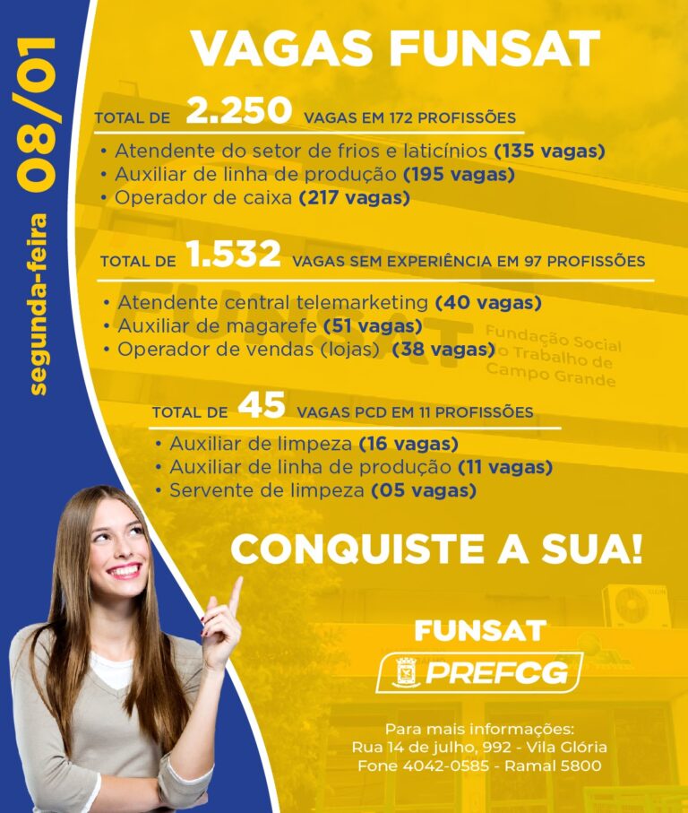 Funsat anuncia 2.250 vagas de emprego em mais de 170 funções nesta segunda-feira