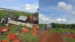 Motorista morre ao tombar caminhão com frutas na MS-306