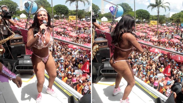 De biquíni de sereia, Gretchen agita foliões em Carnaval de SP