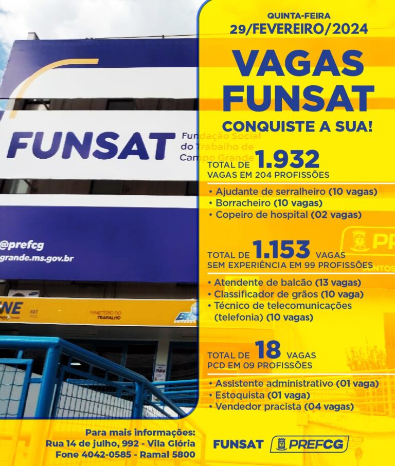 Funsat anuncia 1.932 vagas de emprego em 204 profissões nesta quinta-feira (29)