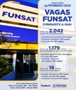 Funsat anuncia 2.042 vagas de emprego em 224 funções empresas nesta quinta-feira (22)