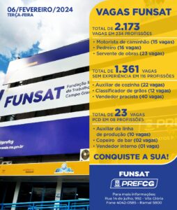 Funsat anuncia 2,1 mil vagas de emprego em 234 profissões nesta terça-feira (6)