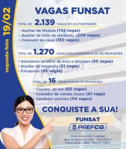 Funsat anuncia 2,1 mil vagas de emprego em 300 empresas nesta segunda-feira (19)