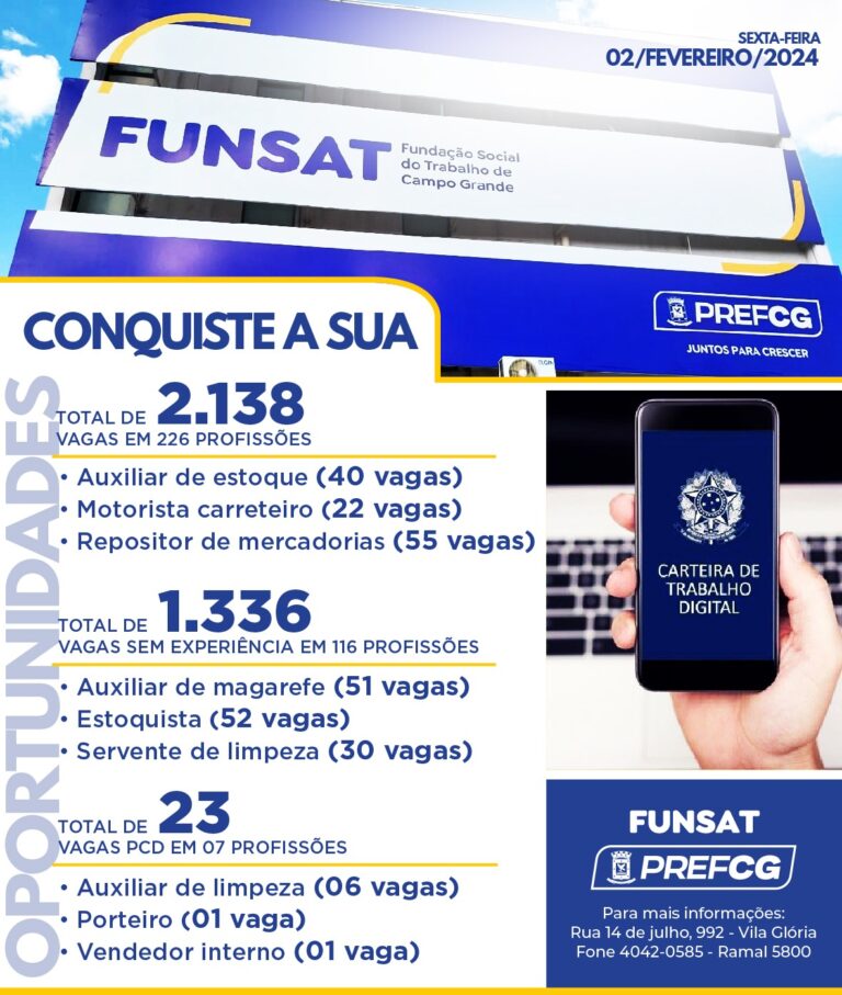 Funsat anuncia 2,1 mil vagas de emprego em 319 empresas nesta sexta-feira (2)