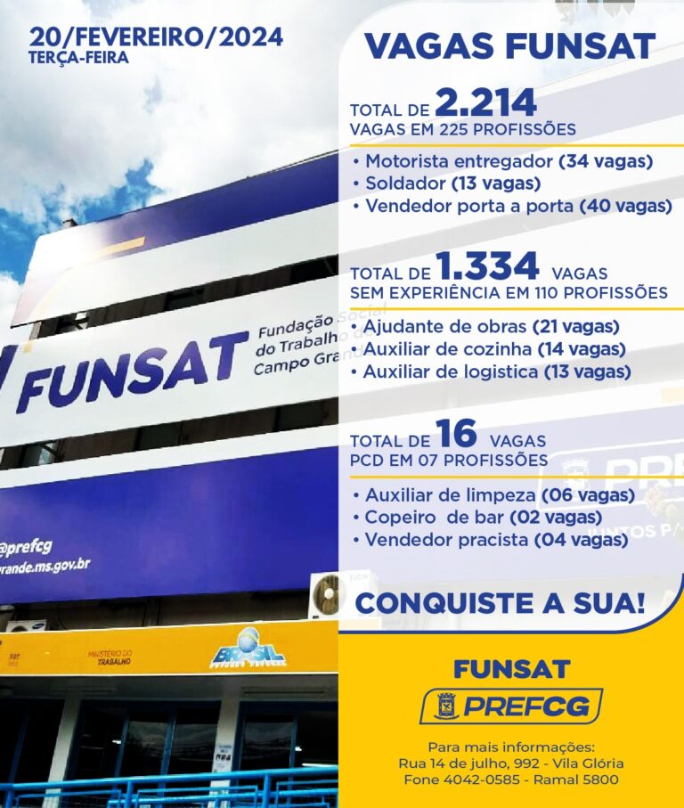 Funsat anuncia 2,2 mil vagas de emprego em 225 funções empresas nesta terça-feira (20)