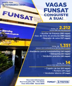 Funsat anuncia 2,2 mil vagas de emprego em 235 profissões nesta quarta-feira (14)