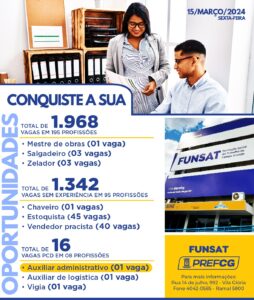 Funsat anuncia 1.968 vagas de emprego em 195 funções nesta sexta-feira (15) 