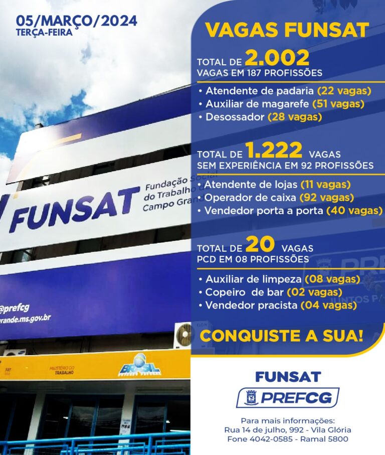 Funsat anuncia 2 mil vagas de emprego em 187 profissões nesta terça-feira (5)