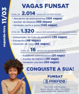 Funsat anuncia 2.014 vagas de emprego em 276 empresas nesta segunda-feira (11)