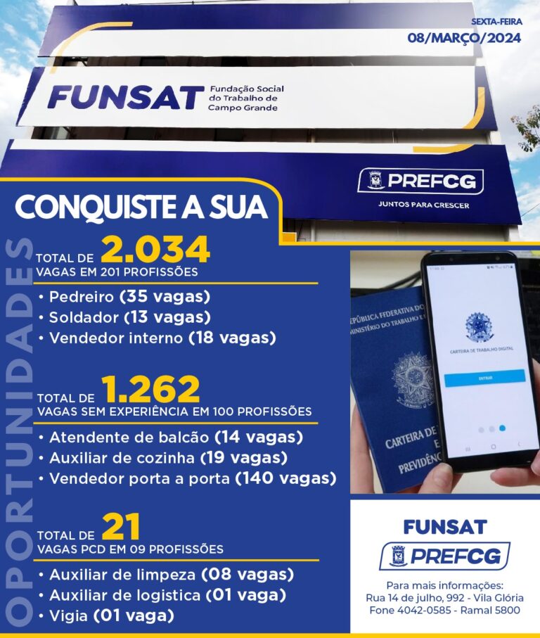 Funsat anuncia 2.034 vagas de emprego em 201 profissões nesta sexta-feira (8)