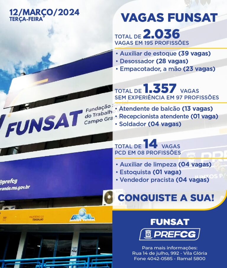 Funsat anuncia 2.036 vagas de emprego em 268 empresas nesta terça-feira (12)
