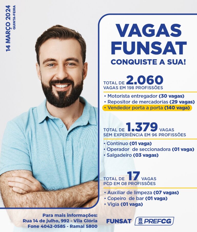 Funsat anuncia 2.060 vagas de emprego em 198 funções nesta quinta-feira (14) 