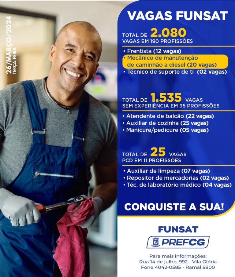 Funsat anuncia 2.080 vagas de emprego em 278 empresas nesta terça-feira (26)
