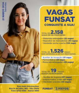 Funsat anuncia 2.158 vagas de emprego em 294 empresas nesta quinta-feira (21)