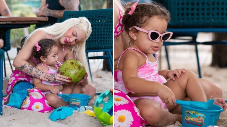 Karoline Lima curte praia no Rio com a filha com looks 'barbiecore'