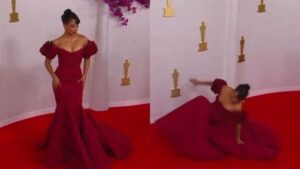 Oscar 2024: atriz se desequilibra e cai no tapete vermelho; assista