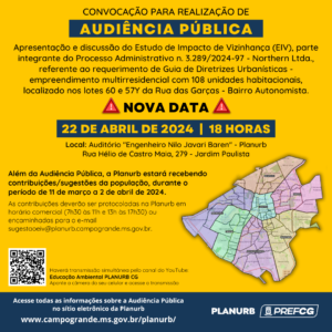 Audiência Pública para apresentação de Estudo de Impacto de Vizinhança de empreendimento acontece nesta segunda-feira (22)