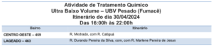 Centro Oeste e Lageado são foco do fumacê nessa terça-feira (30)