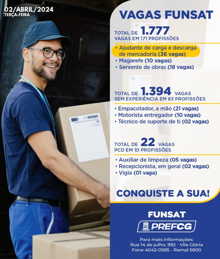 Funsat anuncia 1,7 mil vagas de emprego em 171 funções nesta terça-feira (2)