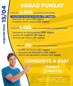 Funsat anuncia 2 mil vagas de emprego em 250 empresas nesta segunda-feira (15) 