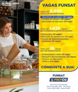 Funsat anuncia 2 mil vagas de emprego em 254 empresas nesta terça-feira (16)