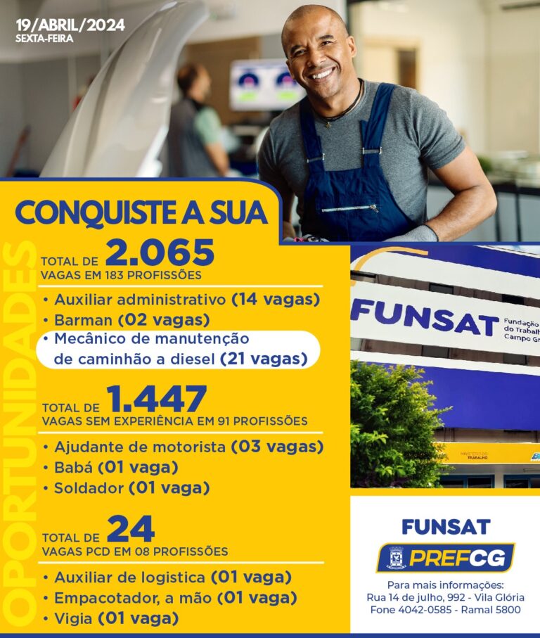 Funsat anuncia 2.065 vagas de emprego em 183 funções nesta sexta-feira (19) 