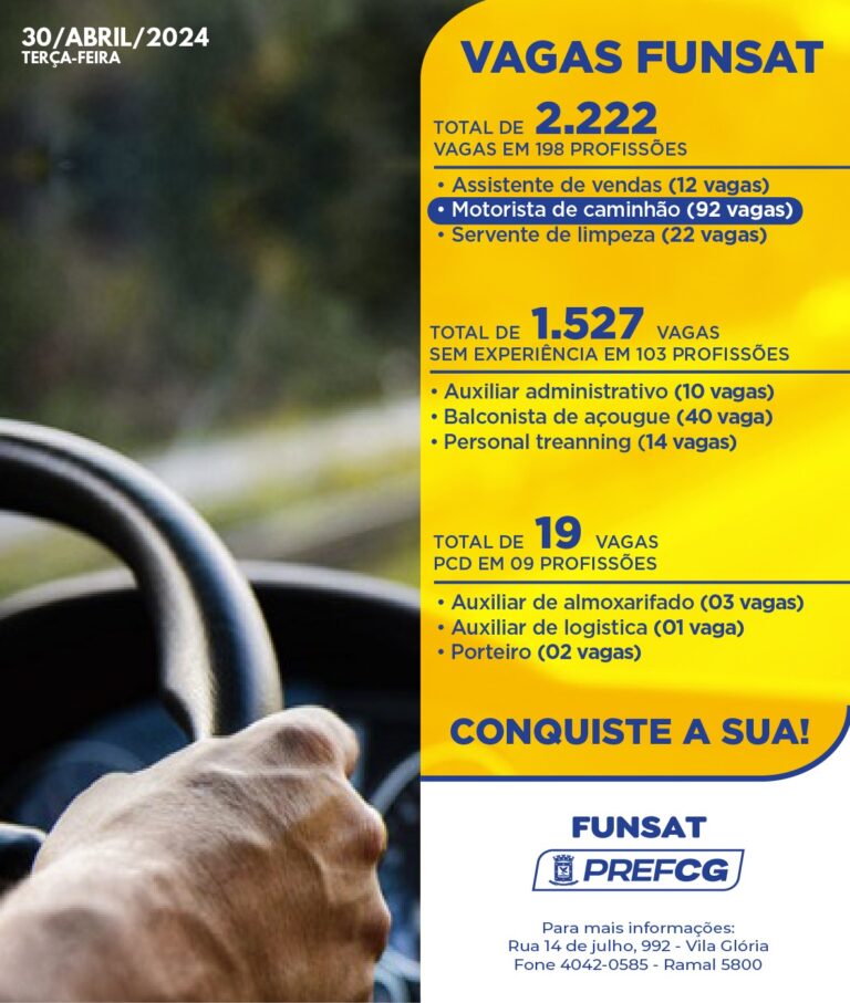 Funsat anuncia 2,2 mil vagas de emprego em 198 profissões nesta terça-feira (30) 