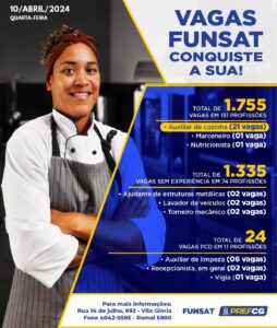 Funsat oferta 1,7 mil vagas de emprego em 223 empresas nesta quarta-feira (10)