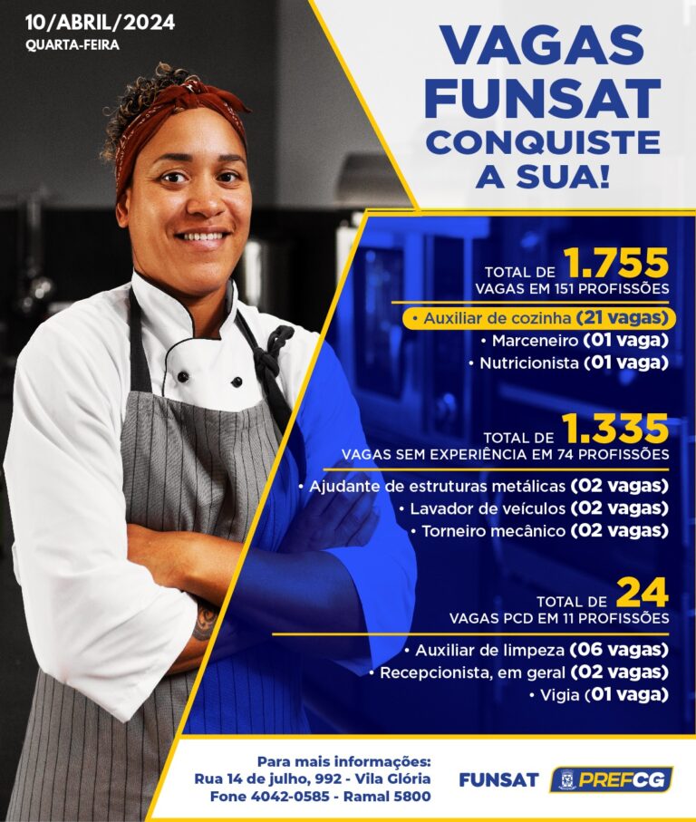 Funsat oferta 1,7 mil vagas de emprego em 223 empresas nesta quarta-feira (10)