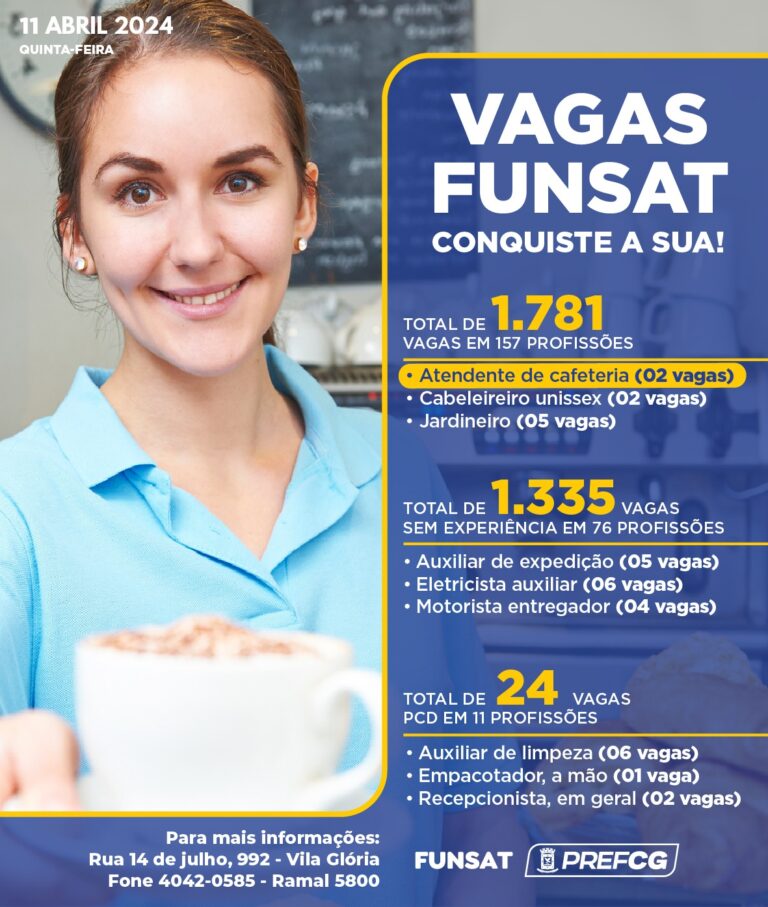 Funsat oferta 1.781 vagas de emprego em 229 empresas nesta quinta-feira (11)