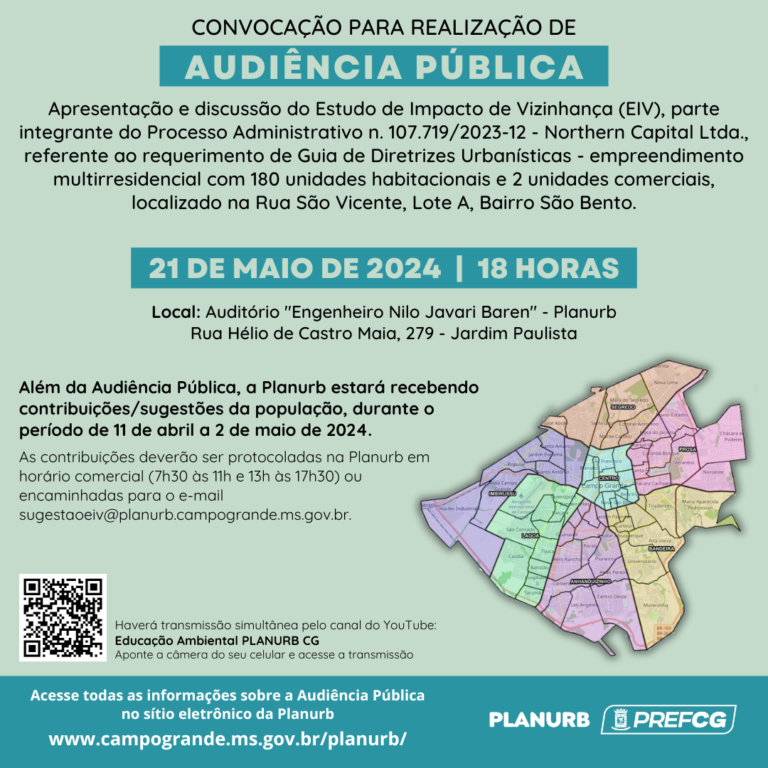 Prefeitura convida população para participar de Audiência Pública sobre Estudo de Impacto de Vizinhança no Bairro São Bento