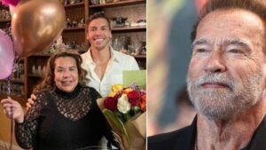 Ex-amante de Schwarzenegger faz rara aparição com filho do ex-casal