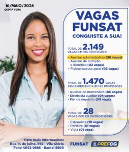 Funsat anuncia 2.149 vagas de emprego em 196 profissões nesta quinta-feira (16) 