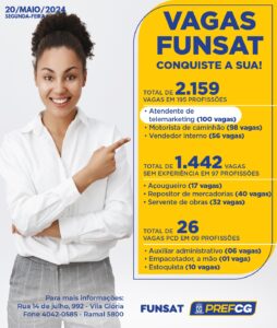 Funsat anuncia 2.159 vagas de emprego em 201 funções nesta segunda-feira (20) 