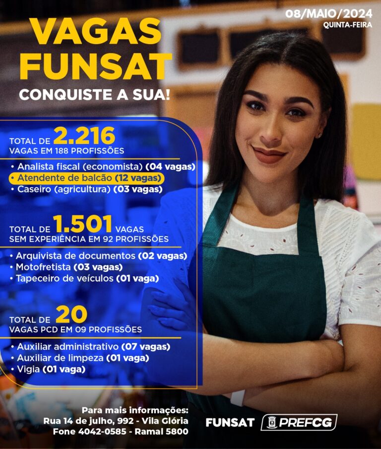 Funsat anuncia 2,2 mil vagas de emprego em 188 profissões nesta quarta-feira (8)